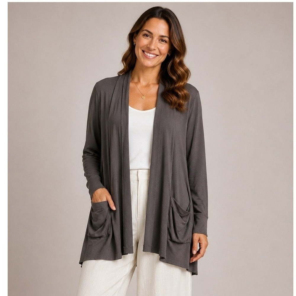 EILEEN FISHER Washable Stretch Crepe Jacket Open Front Cardigan Pockets Cocoa S